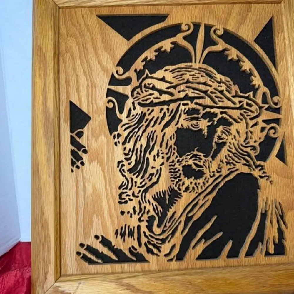 Handcrafted Wooden Scroll Saw Art - Jesus with Crown of Thorns 13”x14”